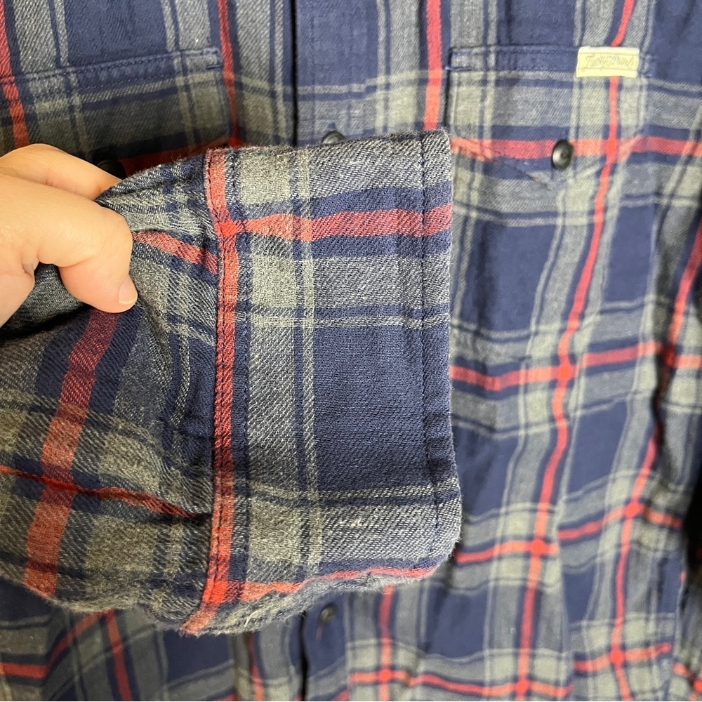 Lucky Brand Flannel Button Up Plaid Shirt Mens M Navy Red Cotton - Picture 10 of 16